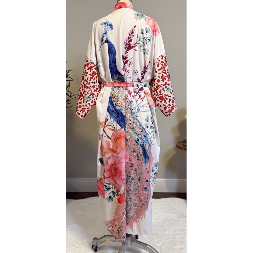 Peacock Floral Satin Kimono Robe One Size Belted Long Duster Cover Up Loungewear - Picture 8 of 15
